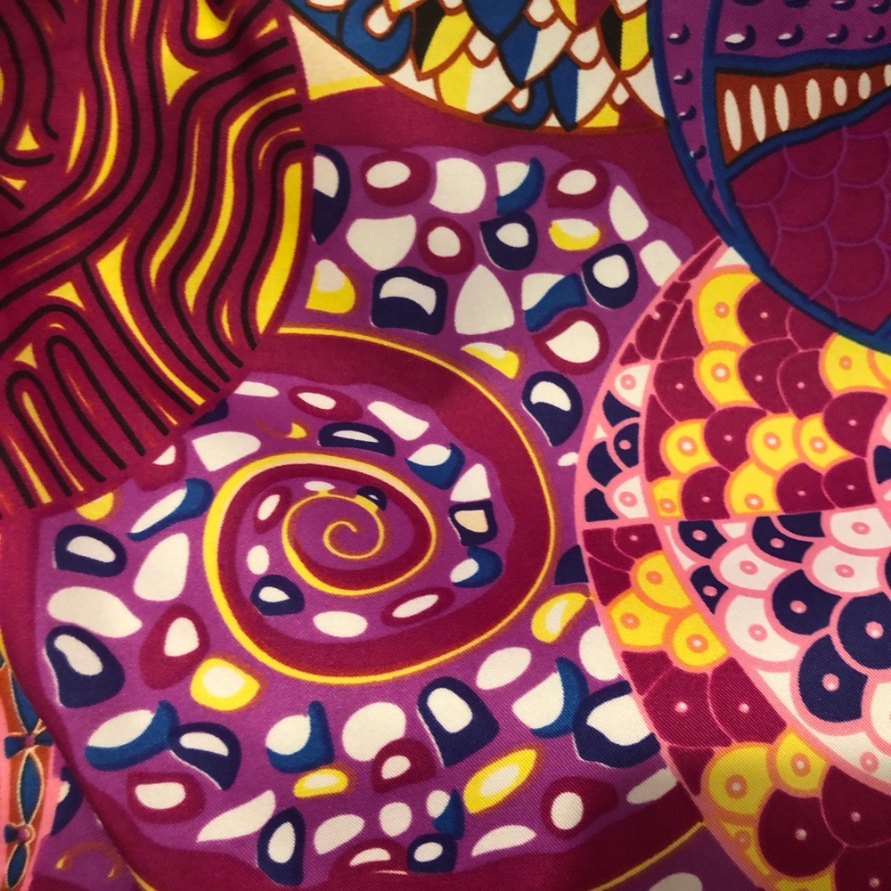 SASSY JONES STATEMENT Scraf. Multicolor jewel tones. Square 51” all around.